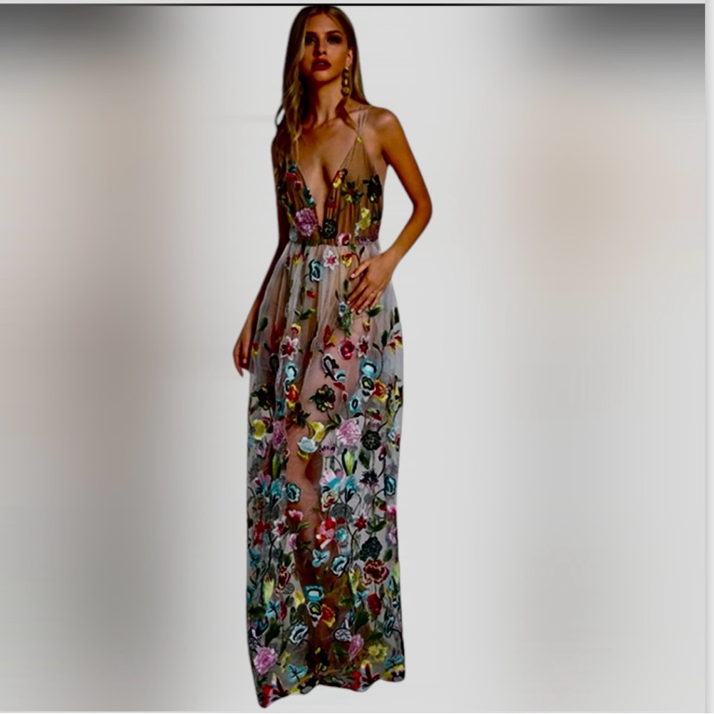 Elegant Multicolor Floral Dress - V-Neck Evening Gown - Picture 7 of 10